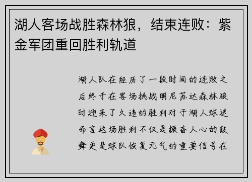 湖人客场战胜森林狼，结束连败：紫金军团重回胜利轨道